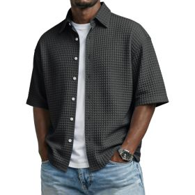 Men's Solid-Colored Waffle-Weave T-Shirt With Lapel Collar (Option: Black-S)