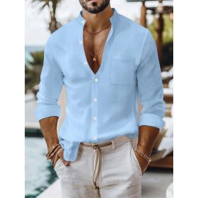 Solid-color Cotton-linen Shirt, Mandarin-collar Cardigan, Long-sleeve Business-casual Shirt (Option: Light Blue-XXL)
