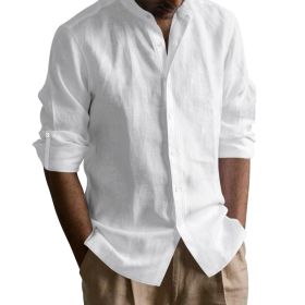 Men's Linen-cotton Long Sleeve Stand Collar Shirt (Option: White-M)