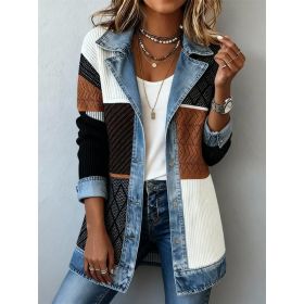 Denim Patchwork Jacket Fashion Commuter Lapel Button-down Long-sleeved Top For Women's Clothing (Option: Color Matching-XS)
