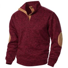 Men's Stand Collar Knitted Joint Stitching Casual Jacquard Cardigan Sweater (Option: Wine Red-2XL)