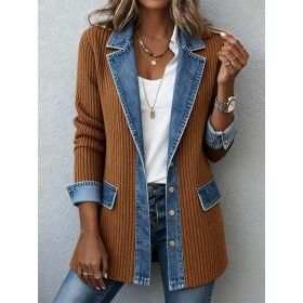 Denim Patchwork Jacket Fashion Commuter Lapel Button-down Long-sleeved Top For Women's Clothing (Option: Khaki-XL)