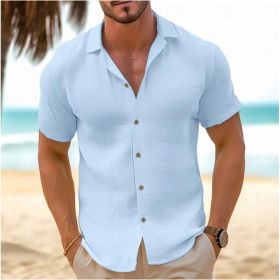 Men's Short-Sleeved Button-Down Shirt Summer Slim-Fit Lapel Shirts Casual Beachwear Clothing (Option: Light Blue-XXXL)