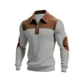 Notched-collar Patchwork Knit Top With Embroidered Zipper Hoodie (Option: Gray-XL)