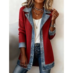 Denim Patchwork Jacket Fashion Commuter Lapel Button-down Long-sleeved Top For Women's Clothing (Option: Red-L)
