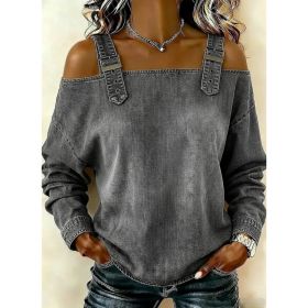 Halter-neck Off-shoulder Long-sleeve Top (Option: Gray-XL)