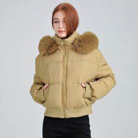 Women's Hooded Fur Collar Cotton-padded Clothes With Design Sense (Option: Khaki-XL)