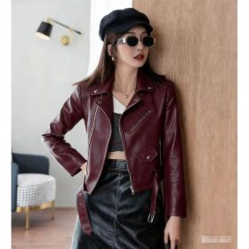Women's Fashionable Leather Jacket Slim-Fit Coat (Option: Wine Red-5XL)