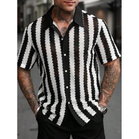 Mens Black And White Striped Hollow-Out Short-Sleeve Shirt (Option: CS1TT012-M)