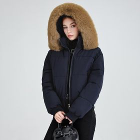 Women's Hooded Fur Collar Cotton-padded Clothes With Design Sense (Option: Navy Blue-XXL)