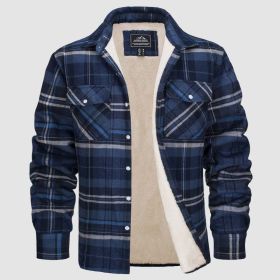 Fleece Lined Men's Jacket Long Sleeve Lapel Plaid (Option: Navy Plaid-XXL)