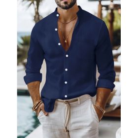 Solid-color Cotton-linen Shirt, Mandarin-collar Cardigan, Long-sleeve Business-casual Shirt (Option: Navy Blue-M)
