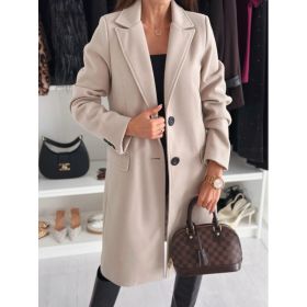 Lapel Single-breasted Wool Coat Winter Long Sleeve Solid Color Long Jacket Women Clothing (Option: Khaki-XXL)