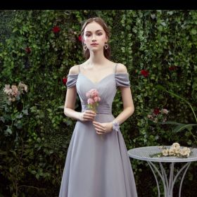 Bridesmaid Long Gray Bridesmaid Sisters Wedding Slimming Off-shoulder Banquet Dress (Option: Gray D-L)