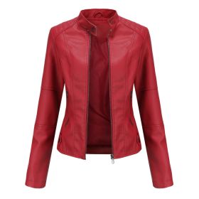 Thin Large Size Leather Clothing With Stand Collar Slim-fit Jacket (Option: Red-XXXXL)