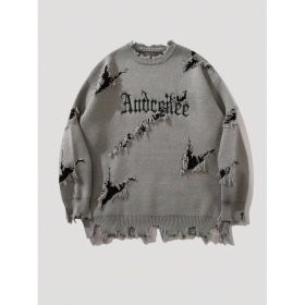 New Personality Street Jacquard Ripped Frayed Vintage Loose Sweater (Option: Gray-XL)
