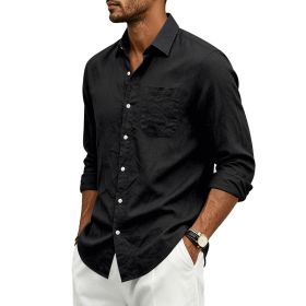 Mens Linen Loose-fit Lapel Long-sleeve Shirt (Option: Black-2XL)