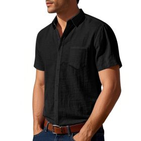 Solid Color Linen Shirt Short Sleeve Men (Option: Black-M)