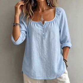 Casual V-neck Long-sleeve Pullover Womens T-shirt In Solid Colors And Multiple Shades (Option: Light Blue-2XL)