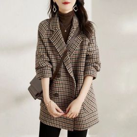 Suit Collar Houndstooth Woolen Coat Woman (Option: Khaki-2XL)