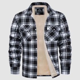 Fleece Lined Men's Jacket Long Sleeve Lapel Plaid (Option: Black And White Grid-XXL)