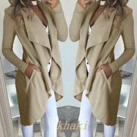 Women's Plus Size Solid Color Polo Collar Slim Fit Long Trench Coat (Option: Khaki-L)