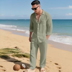 Beach Leisure Loose Collar Shirt Long Sleeve Pants Set (Option: Army Green-XXXXL)