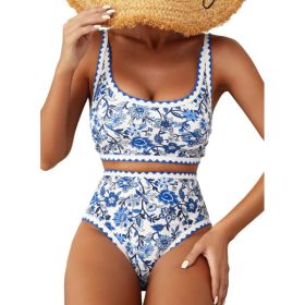 Fashion Paisley Pattern Floral Edge Sexy Bikini Swimsuit (Option: Blue-XXL)