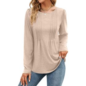Plain-colored Long-sleeve Crew-neck Top (Option: Beige-XXL)