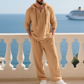 Men's Casual Home Wear Set Long Sleeve Pants With Hood (Option: Yellowish Brown-XL)