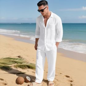 Beach Leisure Loose Collar Shirt Long Sleeve Pants Set (Option: White-XL)