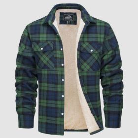 Fleece Lined Men's Jacket Long Sleeve Lapel Plaid (Option: Green Grid-XXL)