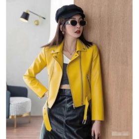 Women's Fashionable Leather Jacket Slim-Fit Coat (Option: Yellow-2XL)