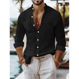 Solid-color Cotton-linen Shirt, Mandarin-collar Cardigan, Long-sleeve Business-casual Shirt (Option: Black-L)
