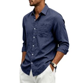 Mens Linen Loose-fit Lapel Long-sleeve Shirt (Option: Navy Blue-M)