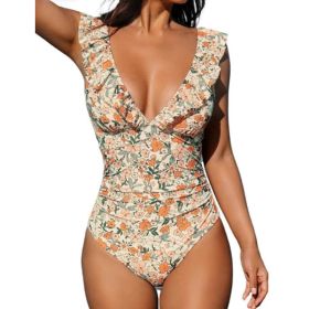 Belly One-piece V-neck Flounce Lace-up Multi-color Women's Swimsuit (Option: Apricot Floral-XXL)