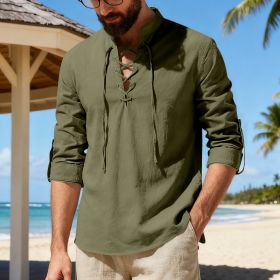 Mens Casual Long-sleeve Linen Henley Shirt (Option: Army Green-M)