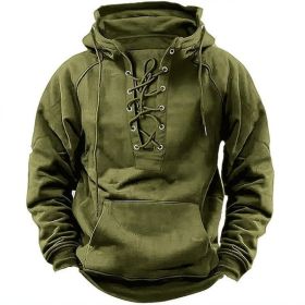 Ins Lace-up Hoodie Casual Sports Pocket Sweatshirt Men's Long-sleeved Top Clothing (Option: Army Green-2XL)