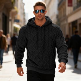 Plush Hooded Sweatshirt Winter Warm Long-sleeved Pullover Top Men's Casual Solid Color Fleece Hoodie Clothing (Option: Black-XXL)