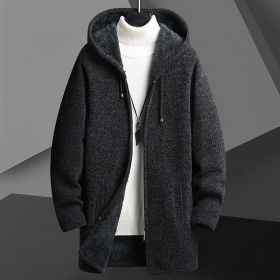 Fall Winter Men Fleece-lined Mid-length Zipper Hooded Sweater Cardigan (Option: Dark Gray-3XL)