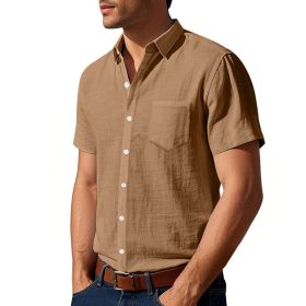Solid Color Linen Shirt Short Sleeve Men (Option: Yellowish Brown-M)