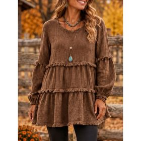 Womens Casual Top With Long Sleeves And Panel Design (Option: Khaki-L)
