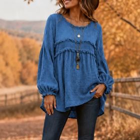 Casual Patchwork Tassel Fringe Crew-Neck T-Shirt Top (Option: Blue-5XL)