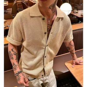 Hollow-out Knitted Short-Sleeve Men's Half-Sleeve T-Shirt (Option: Khaki-L)