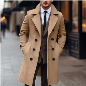 Fall Winter Men Woolen Coat Double Breasted Long (Option: Khaki-XL)