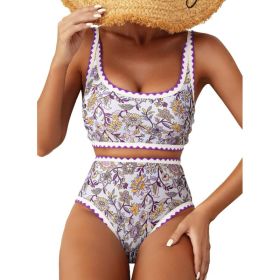 Fashion Paisley Pattern Floral Edge Sexy Bikini Swimsuit (Option: Violet-XL)
