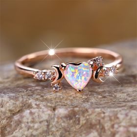 New Love Moon Three Claw Ring On Both Sides Simple (Option: Rose Gold White Opal-No7)