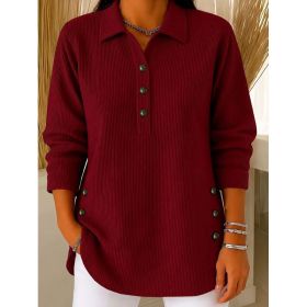 Womens Striped Button-up Sweatshirt Long-sleeve Casual Top (Option: Red-M)