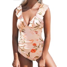 Belly One-piece V-neck Flounce Lace-up Multi-color Women's Swimsuit (Option: Skin Color-XXL)