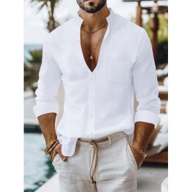 Solid-color Cotton-linen Shirt, Mandarin-collar Cardigan, Long-sleeve Business-casual Shirt (Option: White-M)